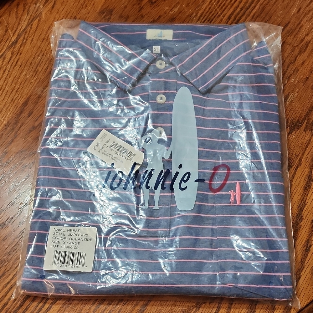 johnnie-O Navy and Pink Striped Polo Shirt